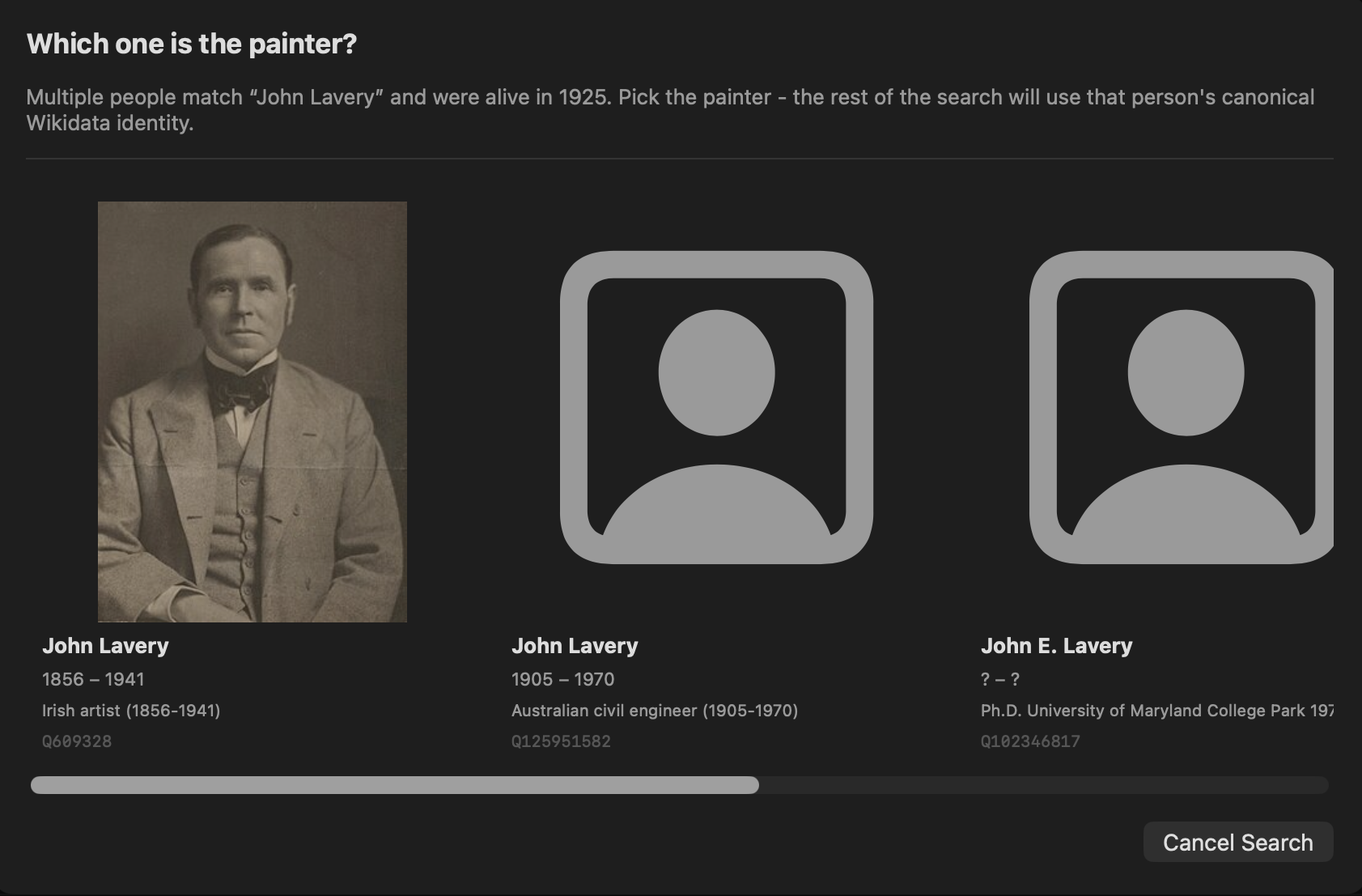 Dialog listing possible matches and asking user to pick the artist.