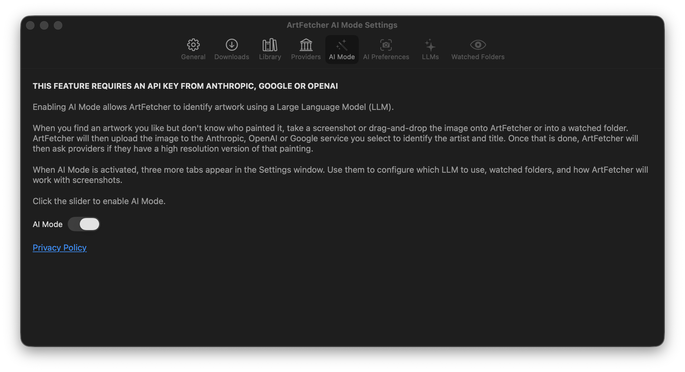 The AI Mode tab of Settings, explaining the feature above a single switch.