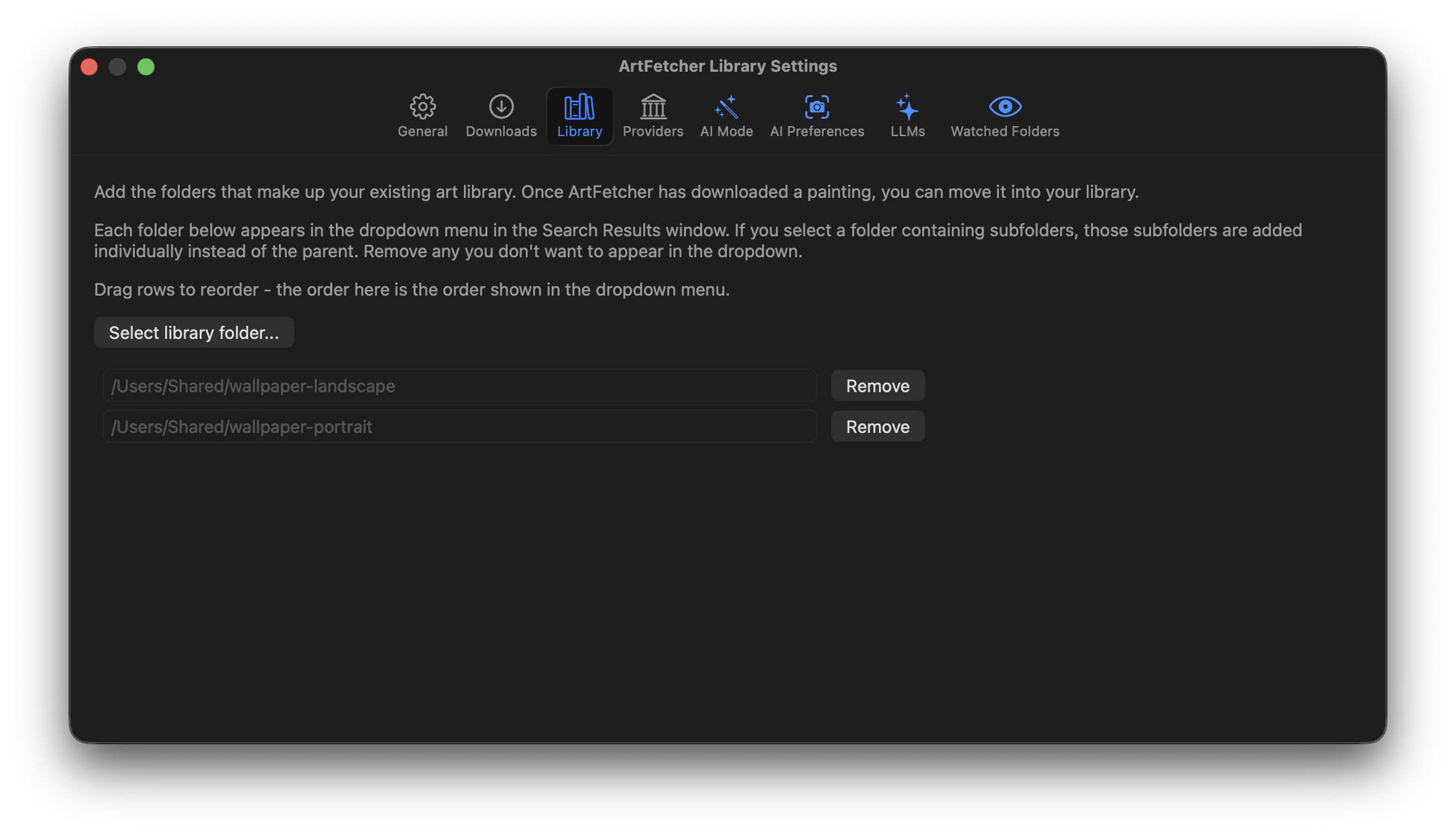 The Library tab of Settings, showing folders comprising user's library.