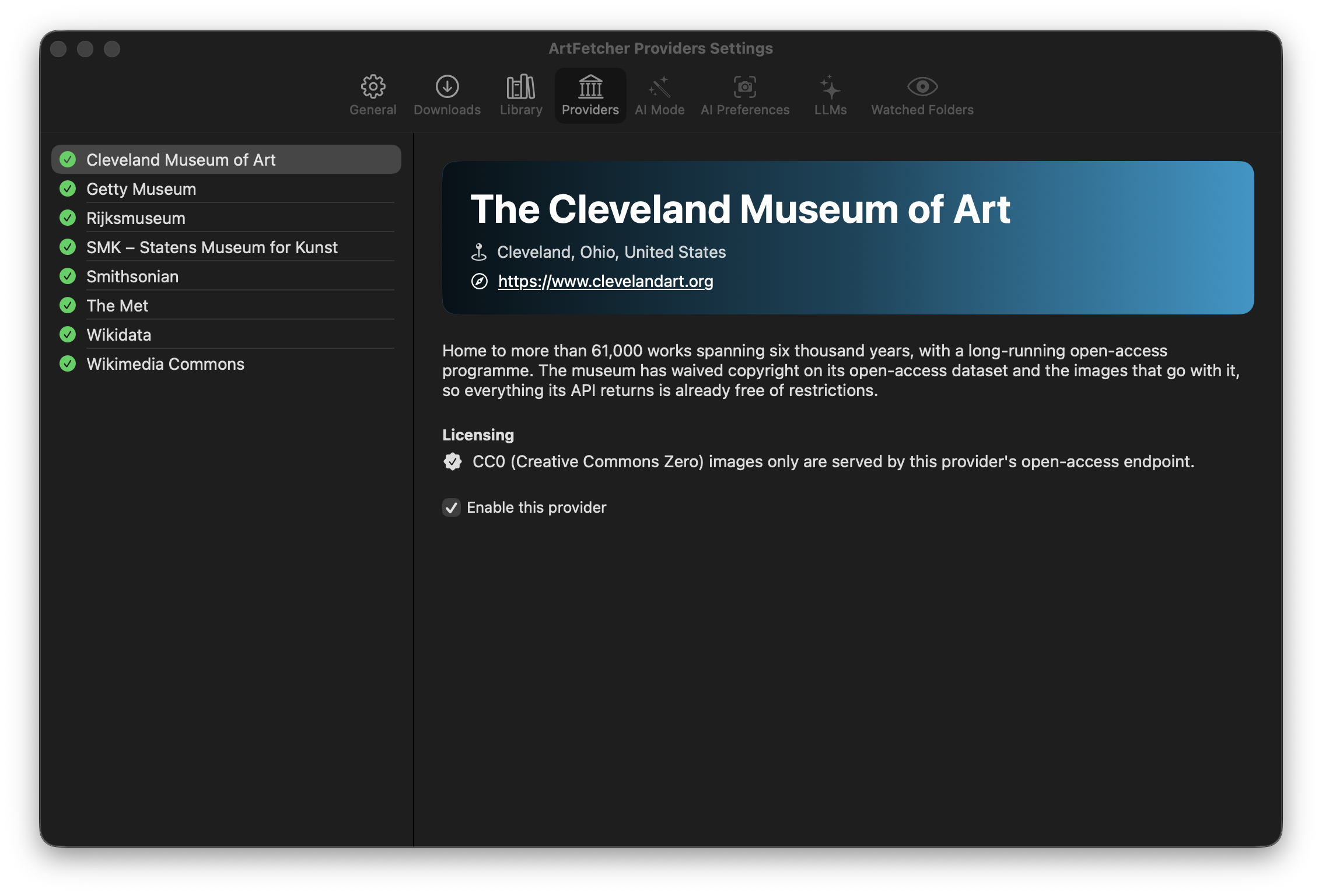 The Providers tab of Settings, listing the collections with the Cleveland Museum of Art selected.
